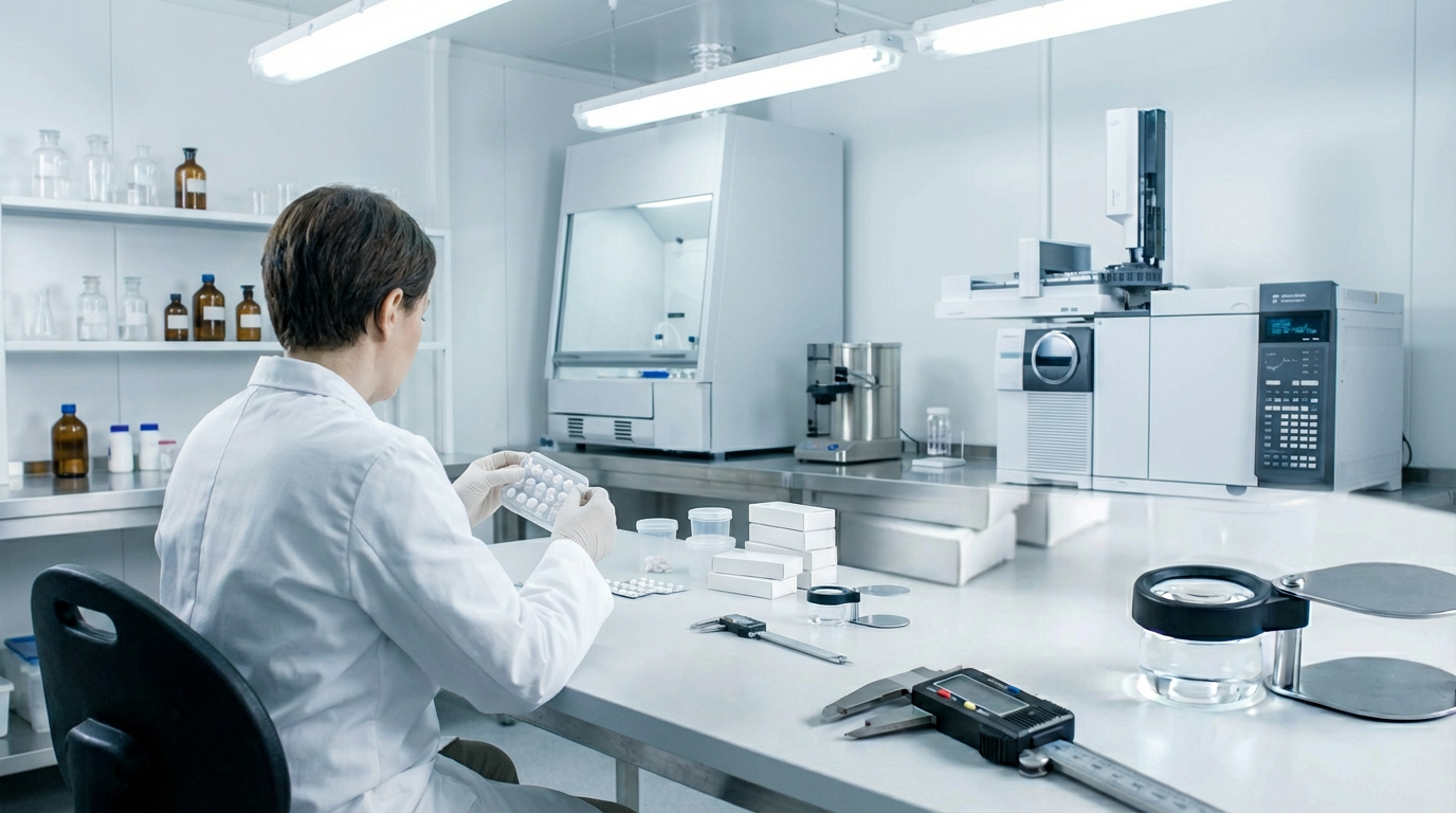 Profissional realizando verificação de qualidade em laboratório farmacêutico